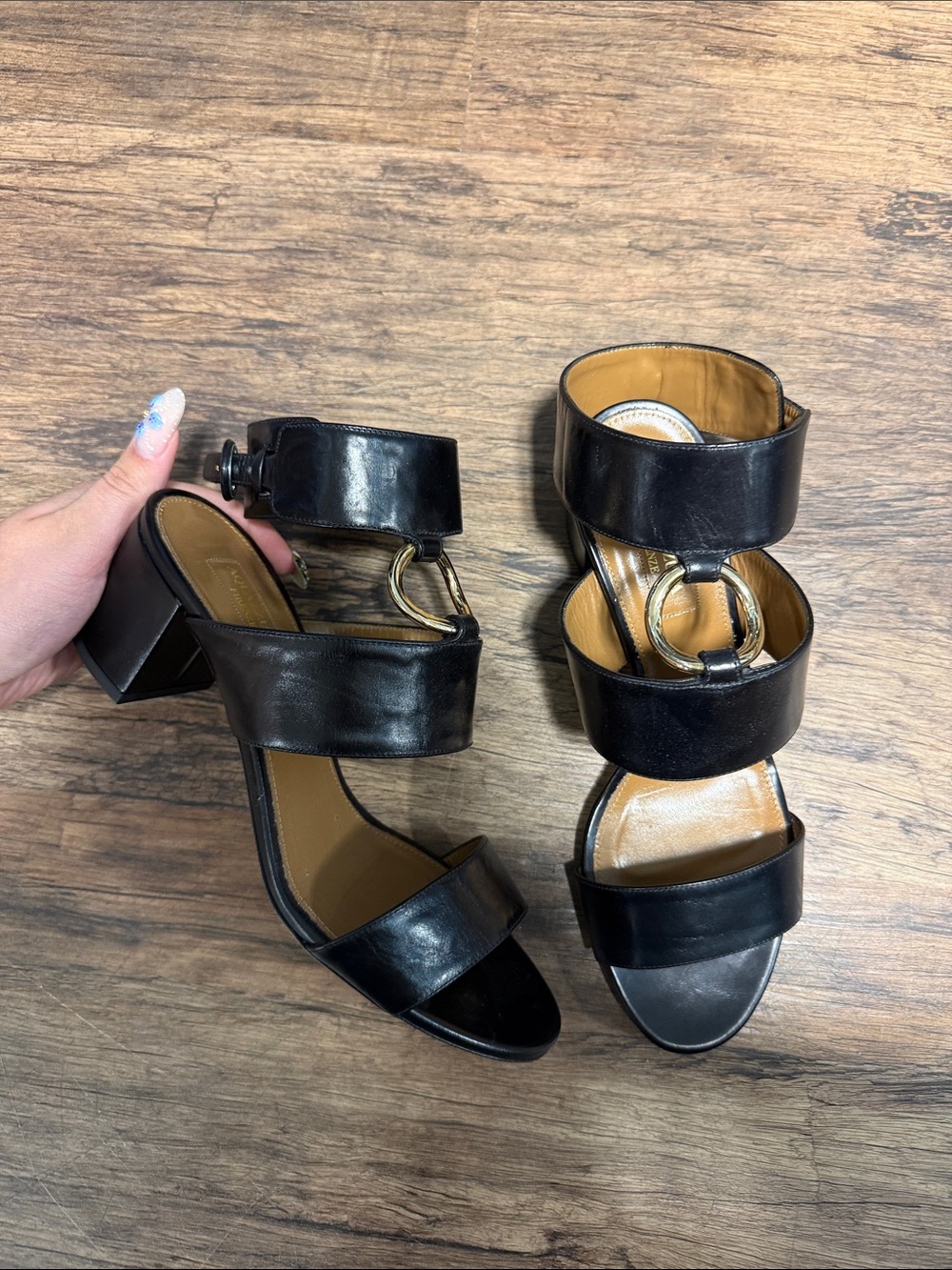 Aquazzura Black Leather Triple-Strap Block Heel Sandals with Gold Ring Accent